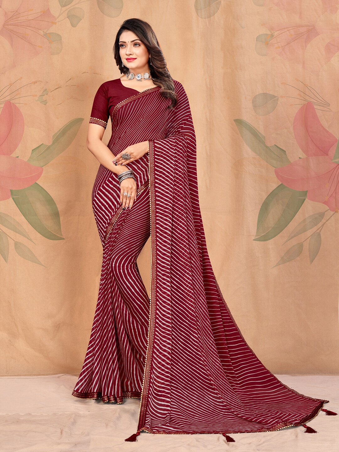 

KALINI Leheriya Printed Embellished Pure Chiffon Saree, Maroon