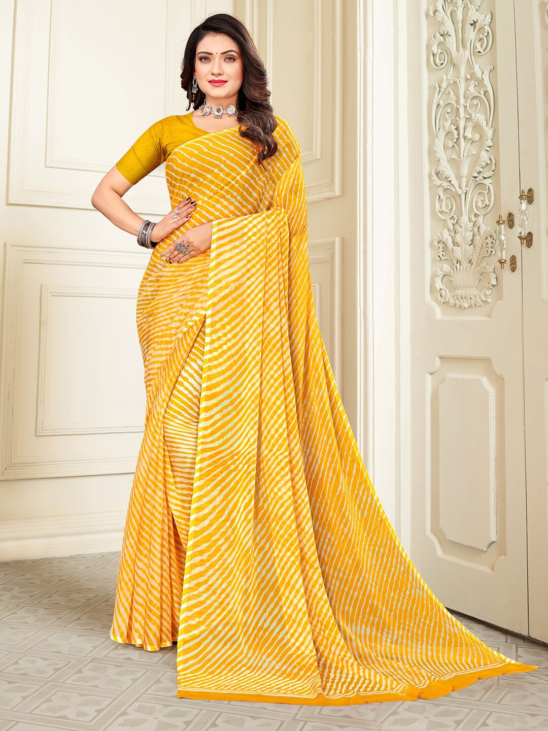 

KALINI Leheriya Printed Pure Chiffon Saree, Yellow