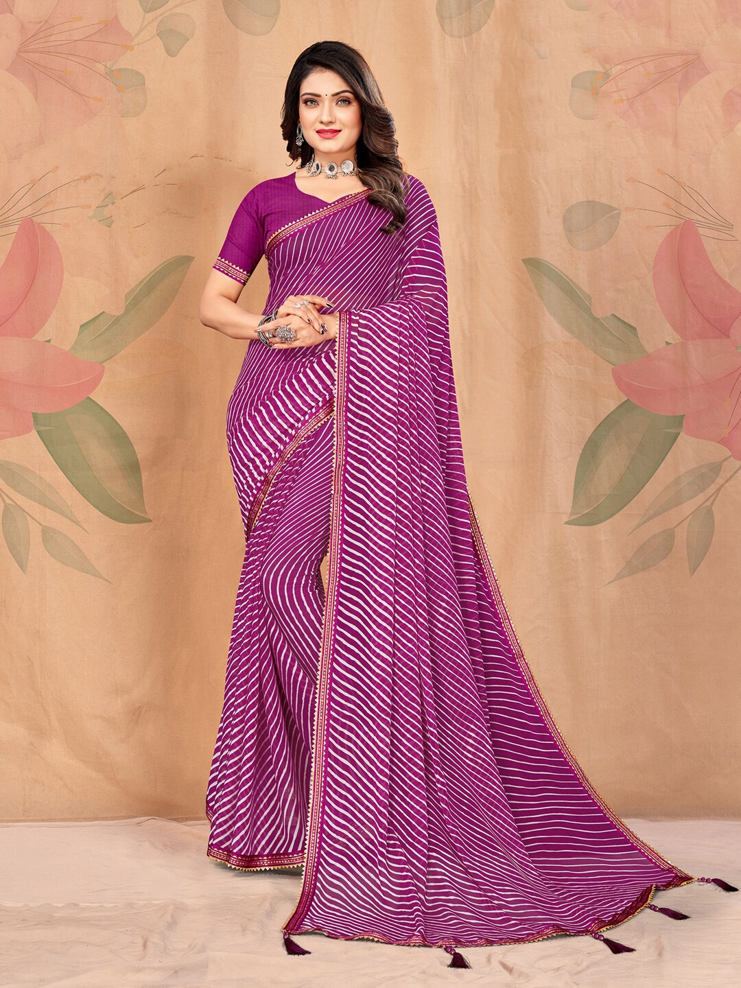

KALINI Leheriya Printed Embellished Pure Chiffon Saree, Magenta
