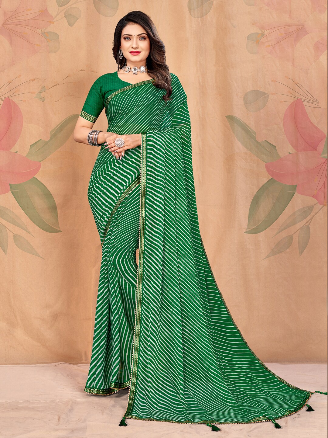 

KALINI Leheriya Printed Embellshed Pure Chiffon Saree, Green