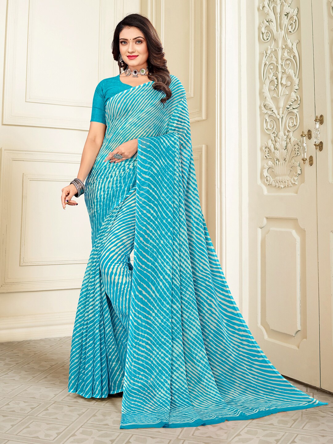 

KALINI Leheriya Printed Pure Chiffon Saree, Blue