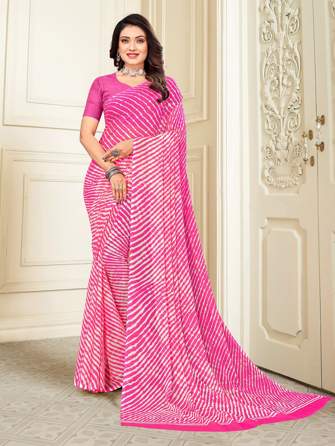 

KALINI Leheriya Printed Pure Chiffon Saree, Pink