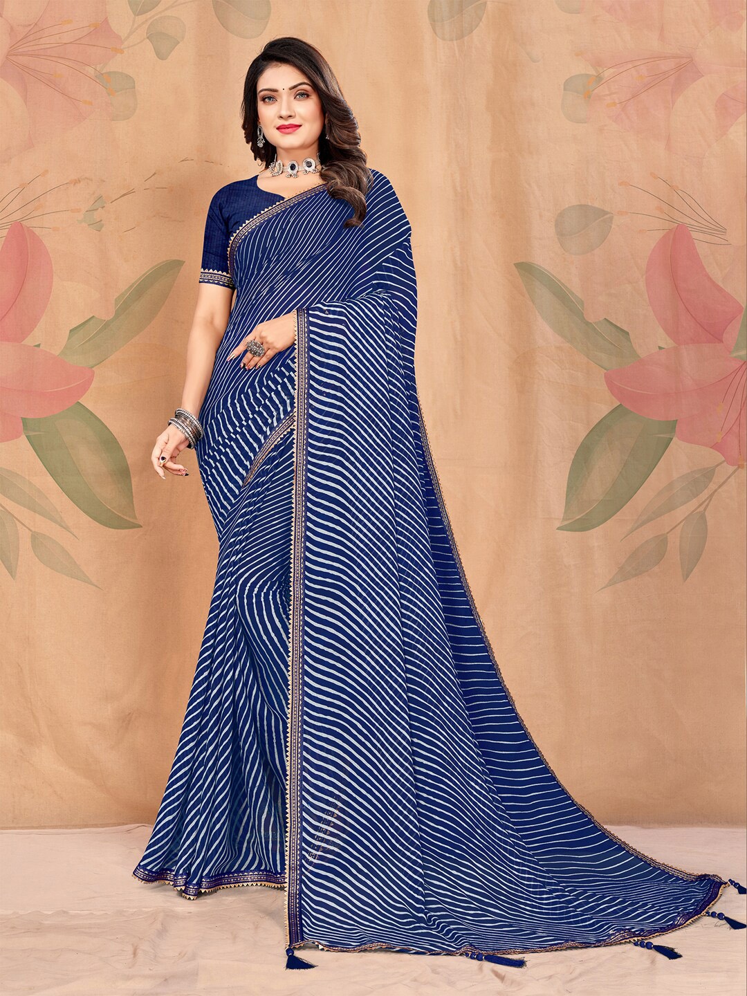 

KALINI Leheriya Printed Embellished Pure Chiffon Saree, Blue