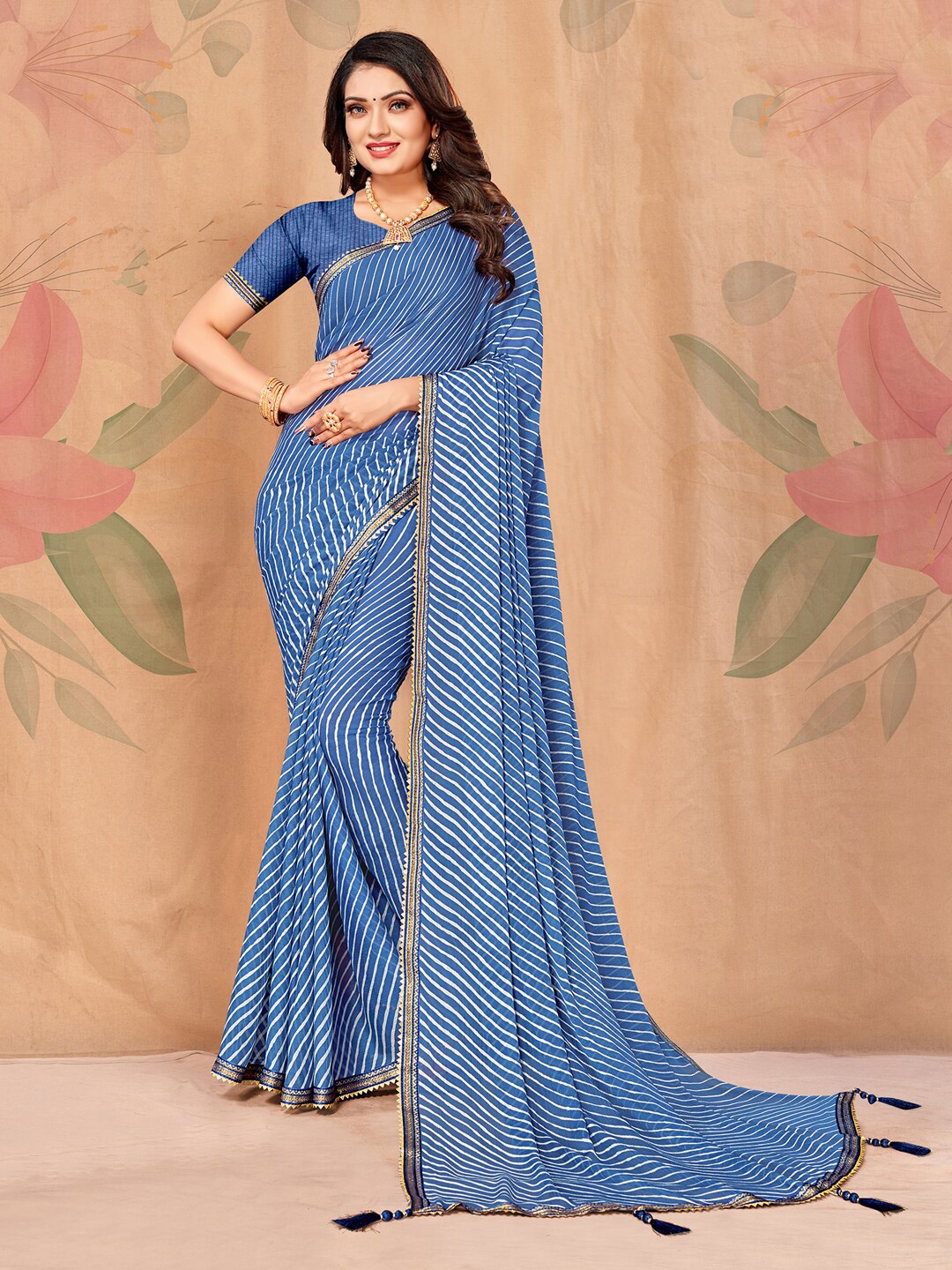 

KALINI Leheriya Printed Embellished Pure Chiffon Saree, Blue