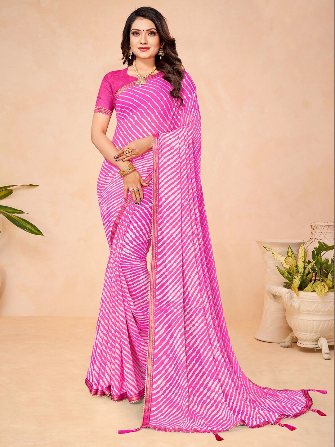 

KALINI Leheriya Printed Embellished Pure Chiffon Saree, Pink