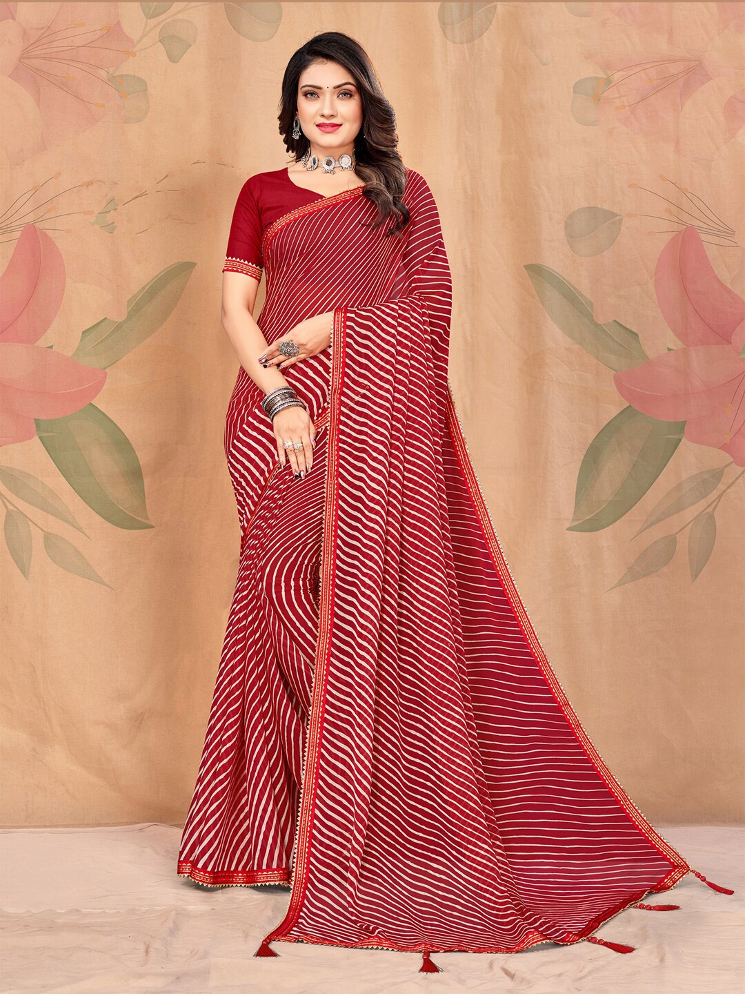 

KALINI Leheriya Printed Embellished Pure Chiffon Saree, Red