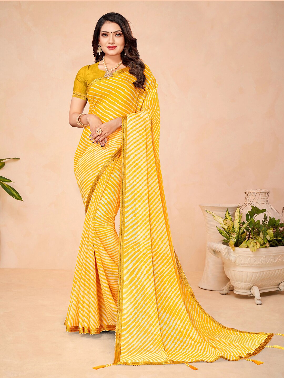 

KALINI Leheriya Printed Embellished Pure Chiffon Saree, Yellow