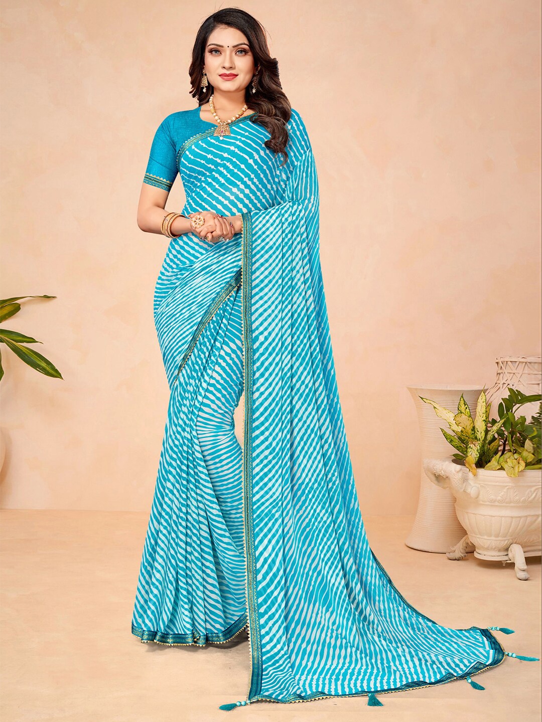 

KALINI Leheriya Printed Embellished Pure Chiffon Saree, Blue