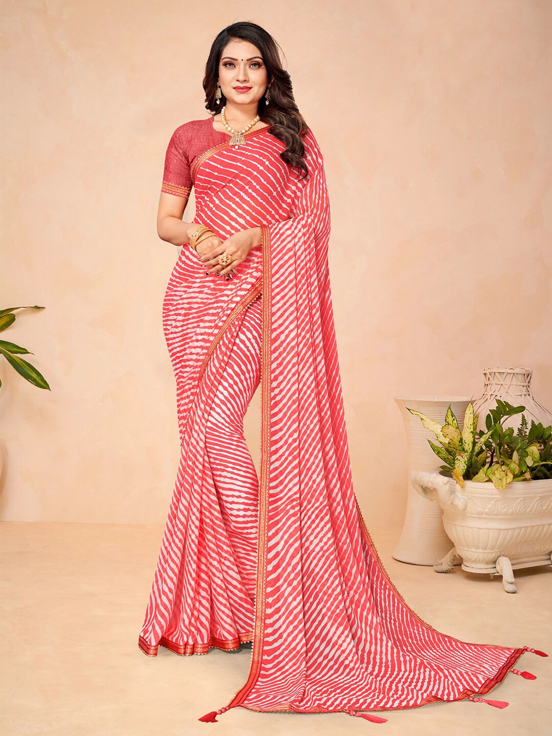 

KALINI Leheriya Printed Embellished Pure Chiffon Saree, Pink