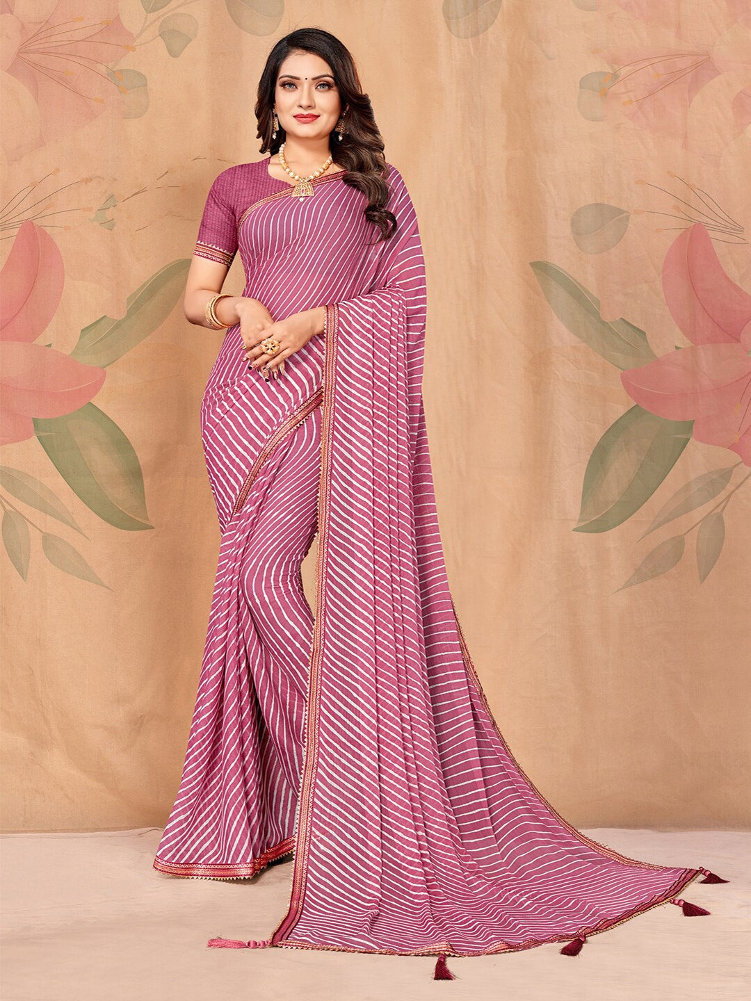 

KALINI Leheriya Printed Embellished Pure Chiffon Saree, Mauve