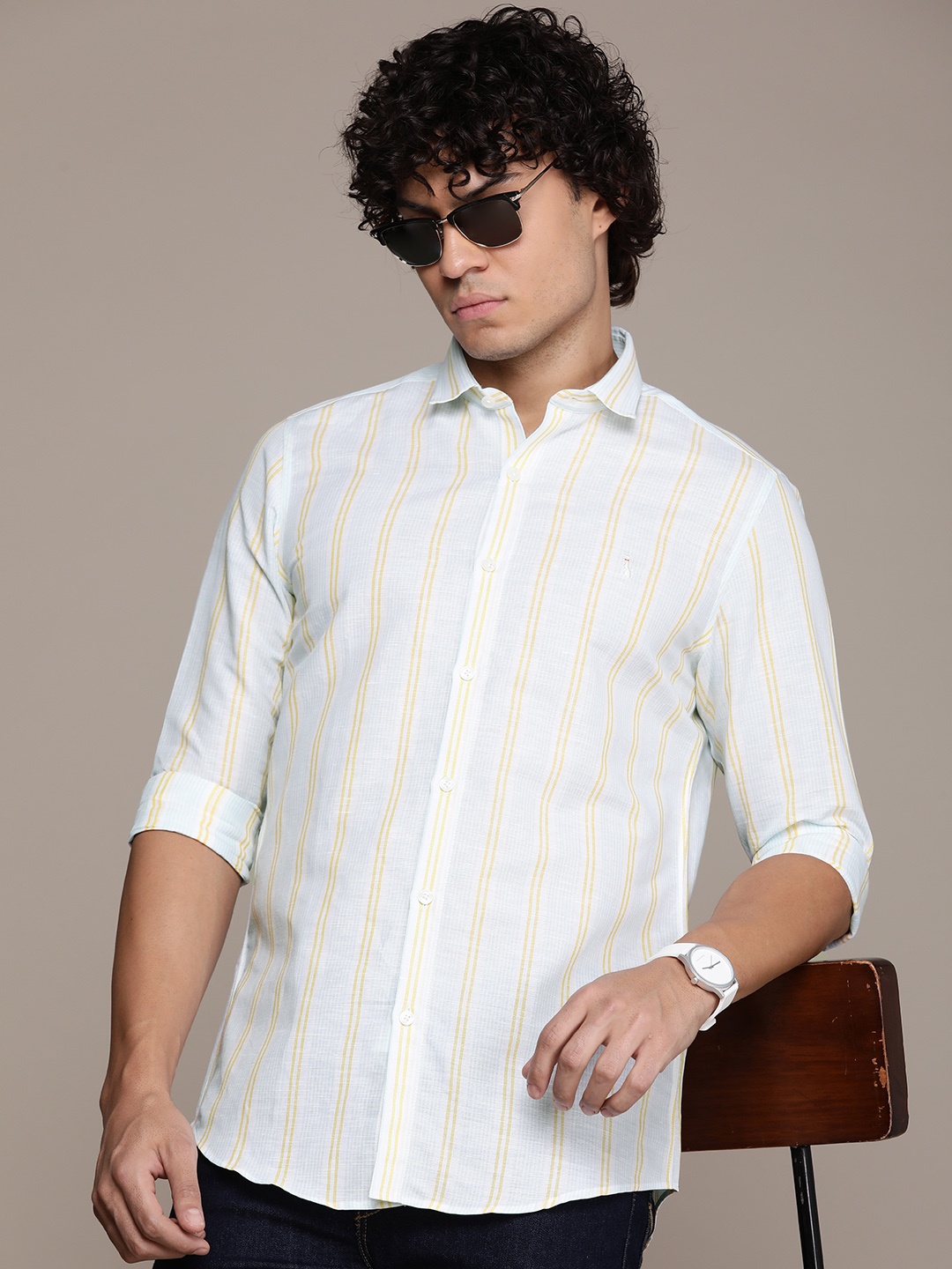 

SIMON CARTER LONDON Men Slim Fit Opaque Striped Linen Cotton Casual Shirt, Blue