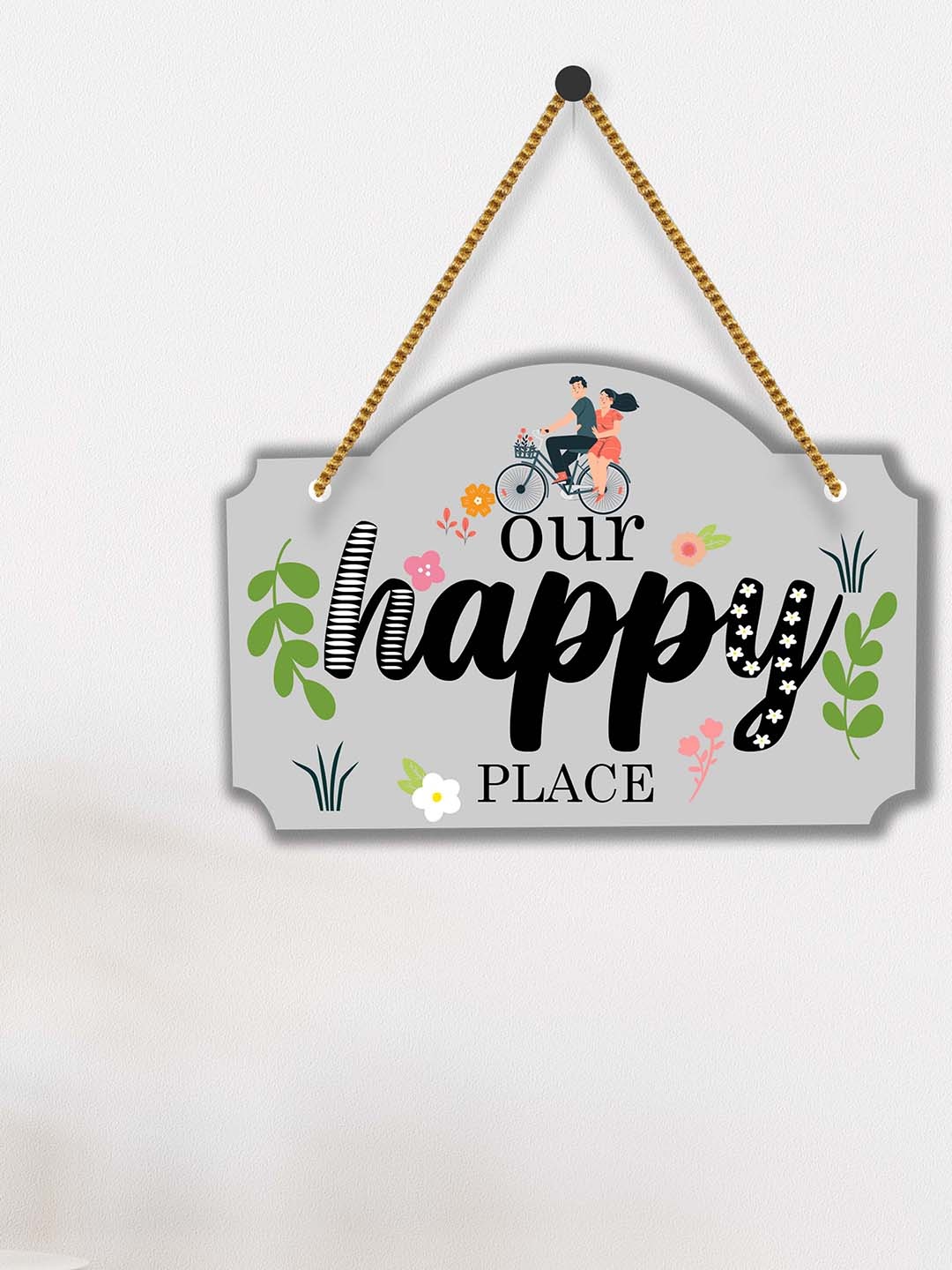 

SAF Grey & Black Our Happy Place Printed Wooden Wall Hanging With Zardoori