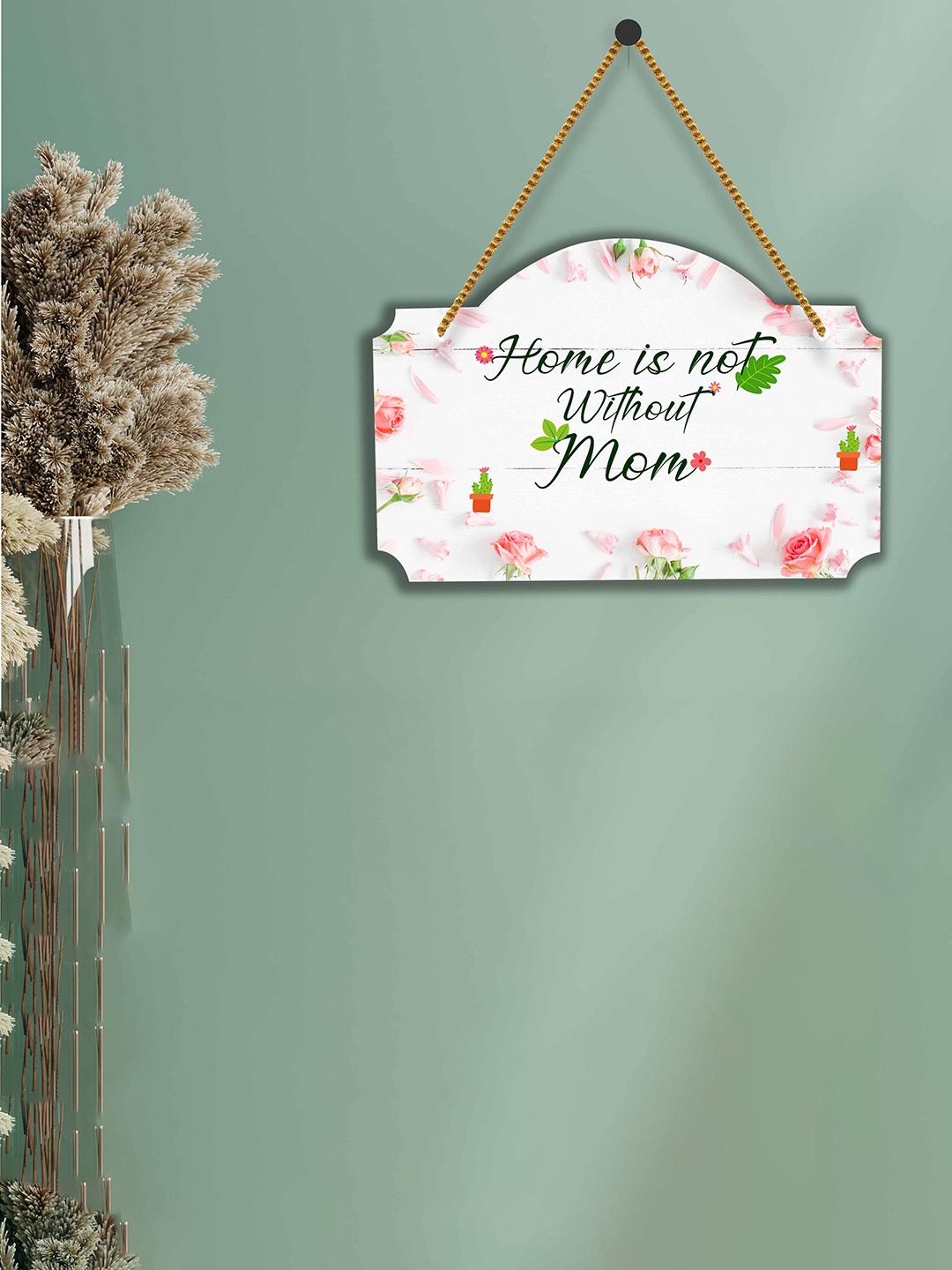 

SAF White & Pink Typography Printed Wooden Wall Hanging With Zardoori