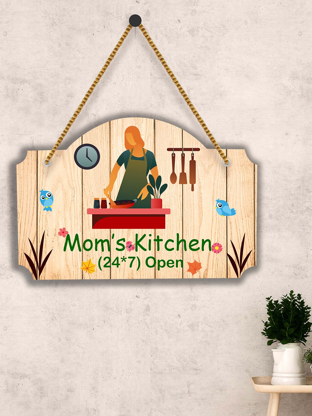 

SAF Beige & Green Moms Kitchen Printed Wooden Wall Hanging With Zardoori