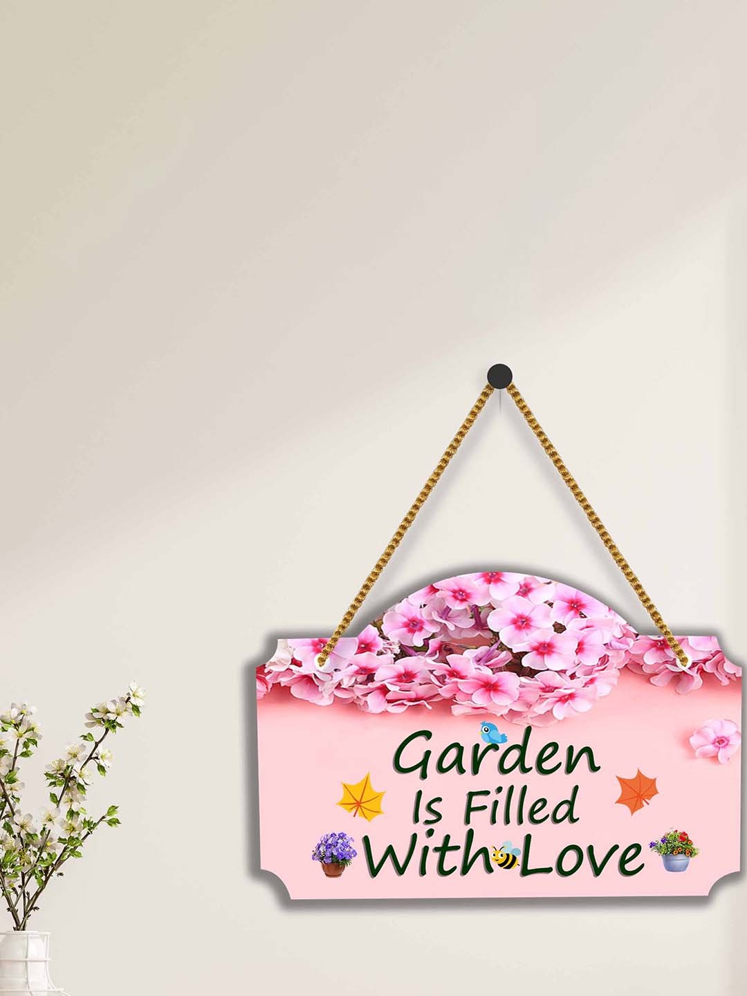

SAF Pink & Green Garden Love Printed Wooden Wall Hanging With Zardoori