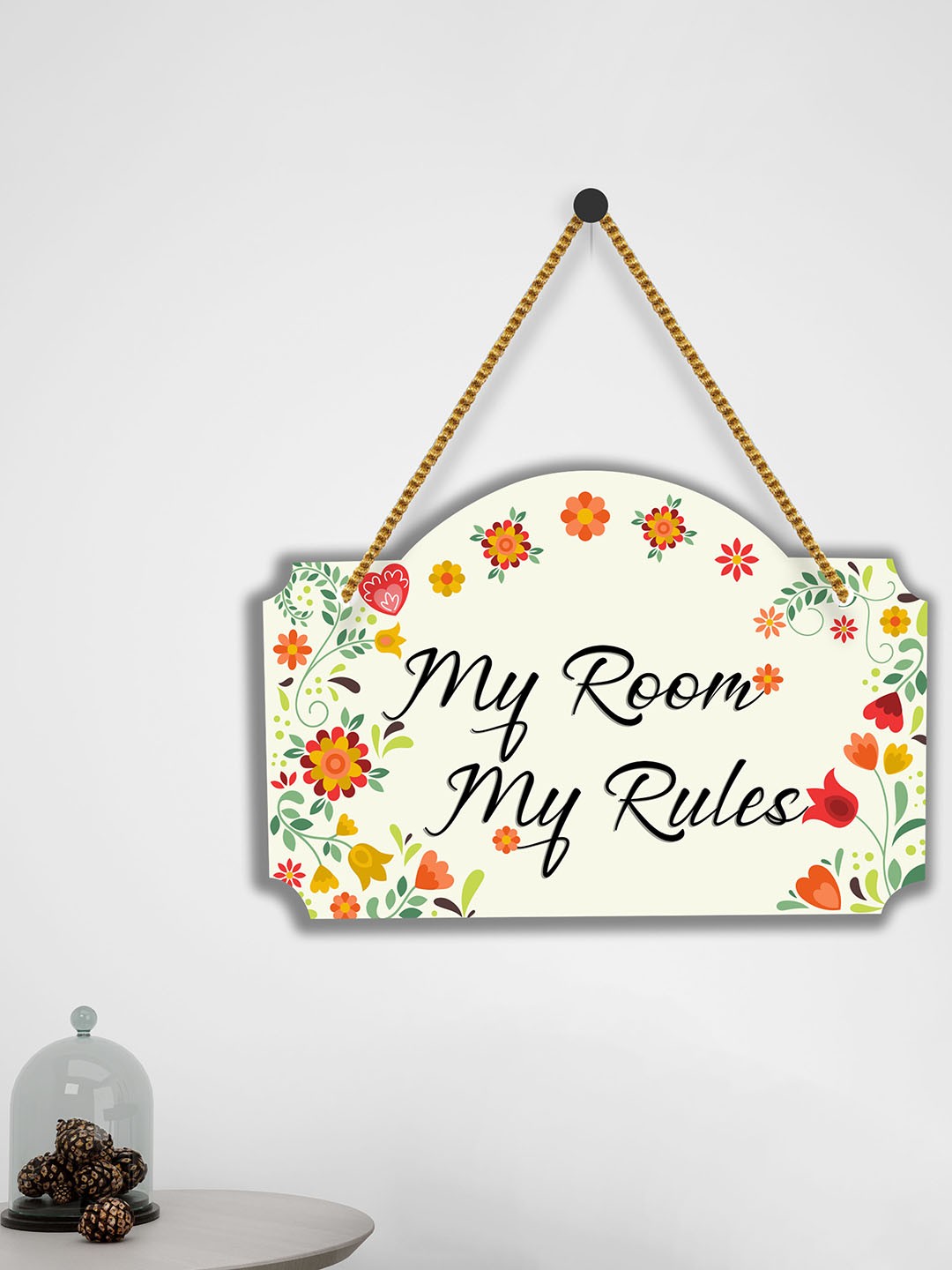 

SAF White & Yellow My Room My Rules Printed Wooden Wall Hanging With Zardoori