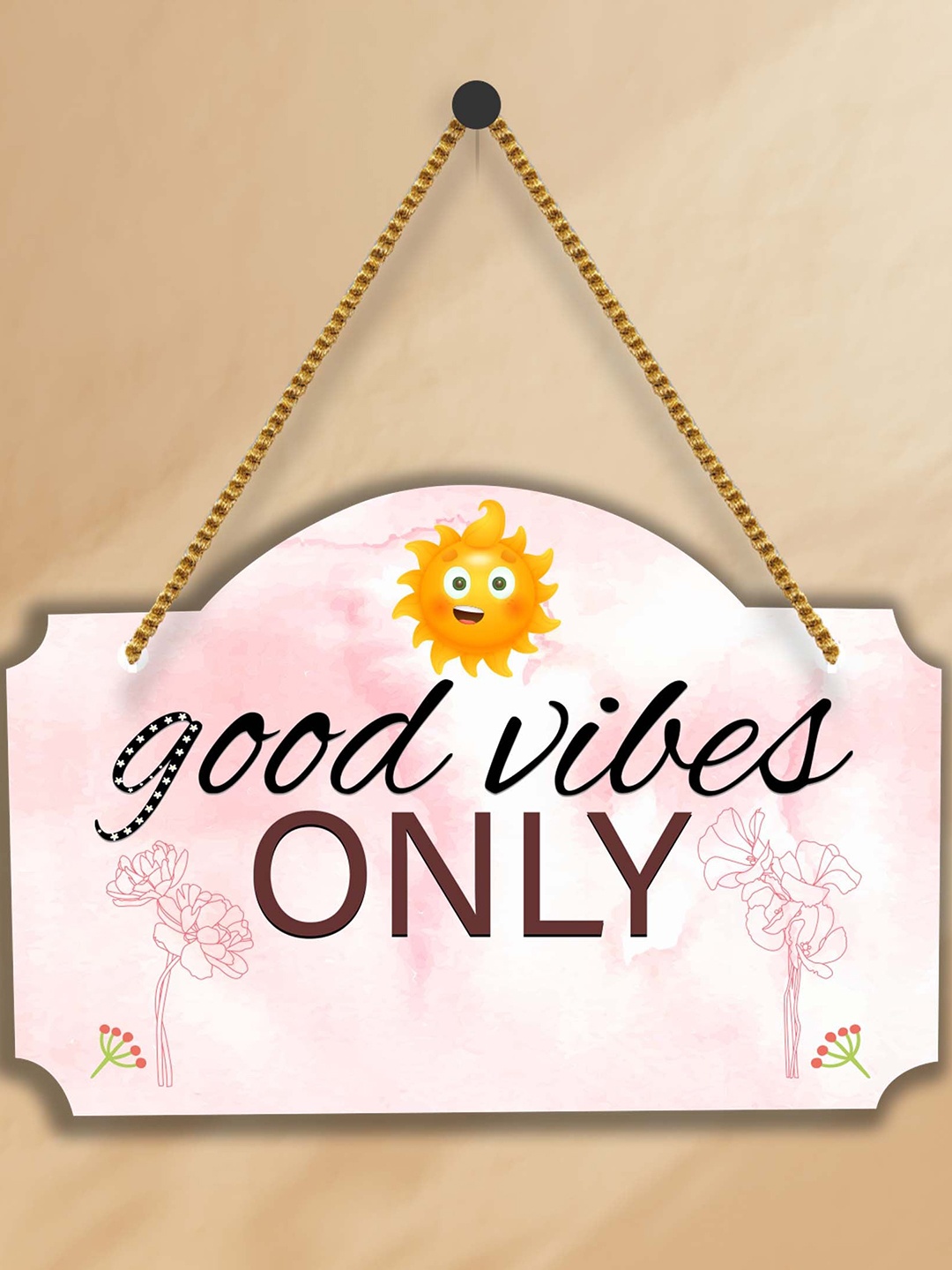 SAF Pink & Black Good Vibes Only Printed Wooden Wall Hanging With Zardoori