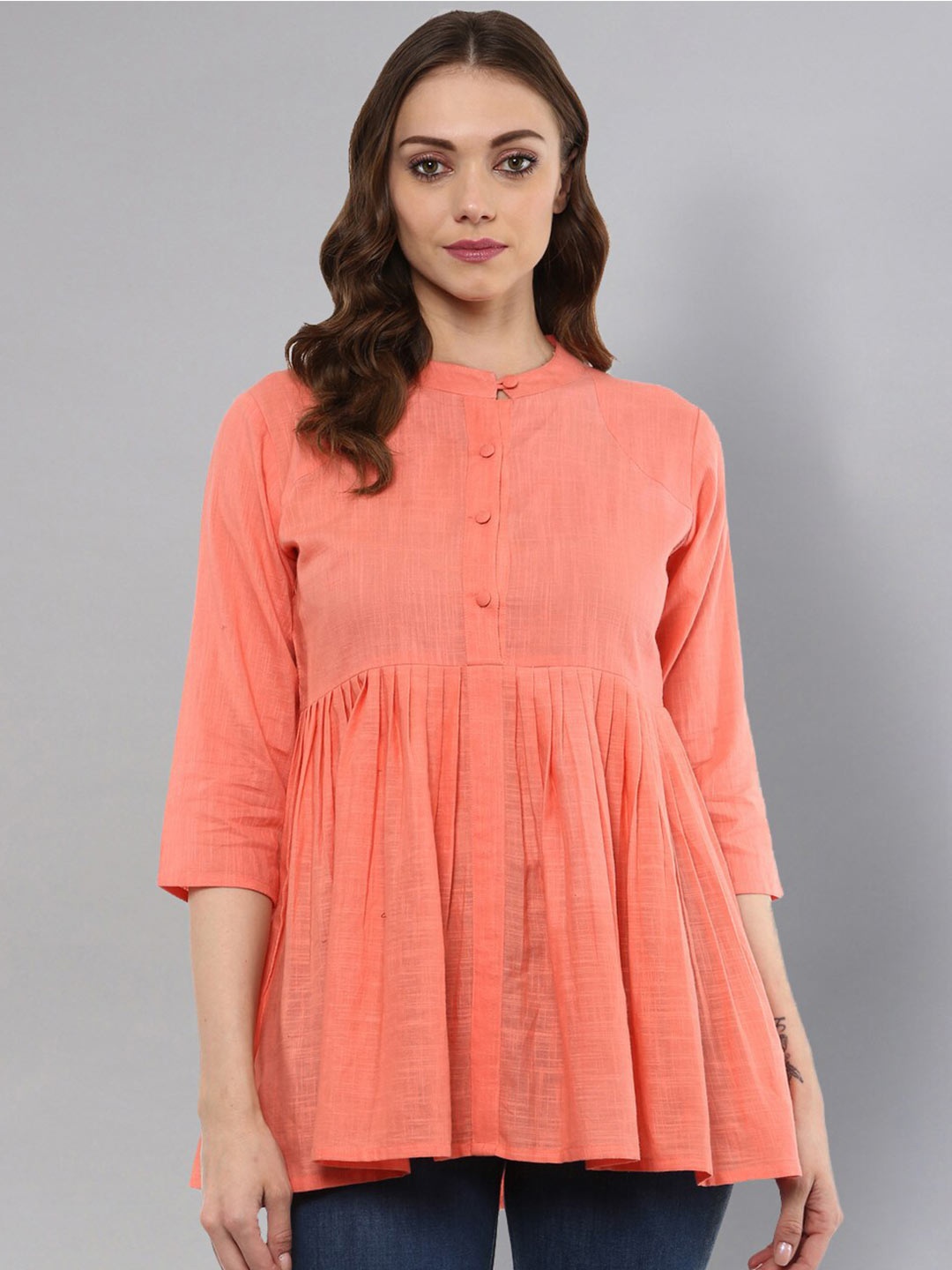 

Idalia Mandarin Collar Longline Cotton Peplum Top, Peach