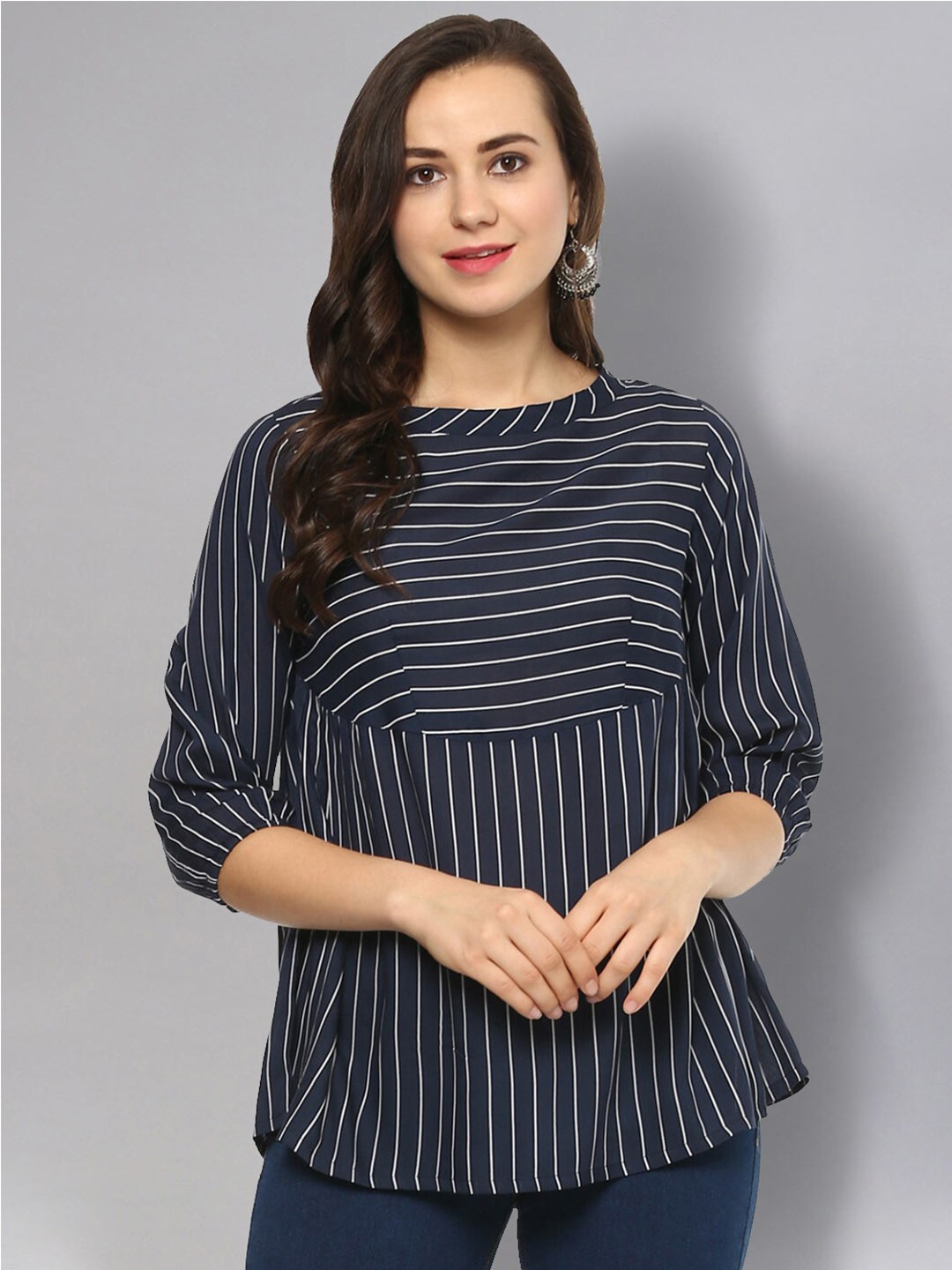 

Idalia Striped Notched Neck Cotton Top, Navy blue