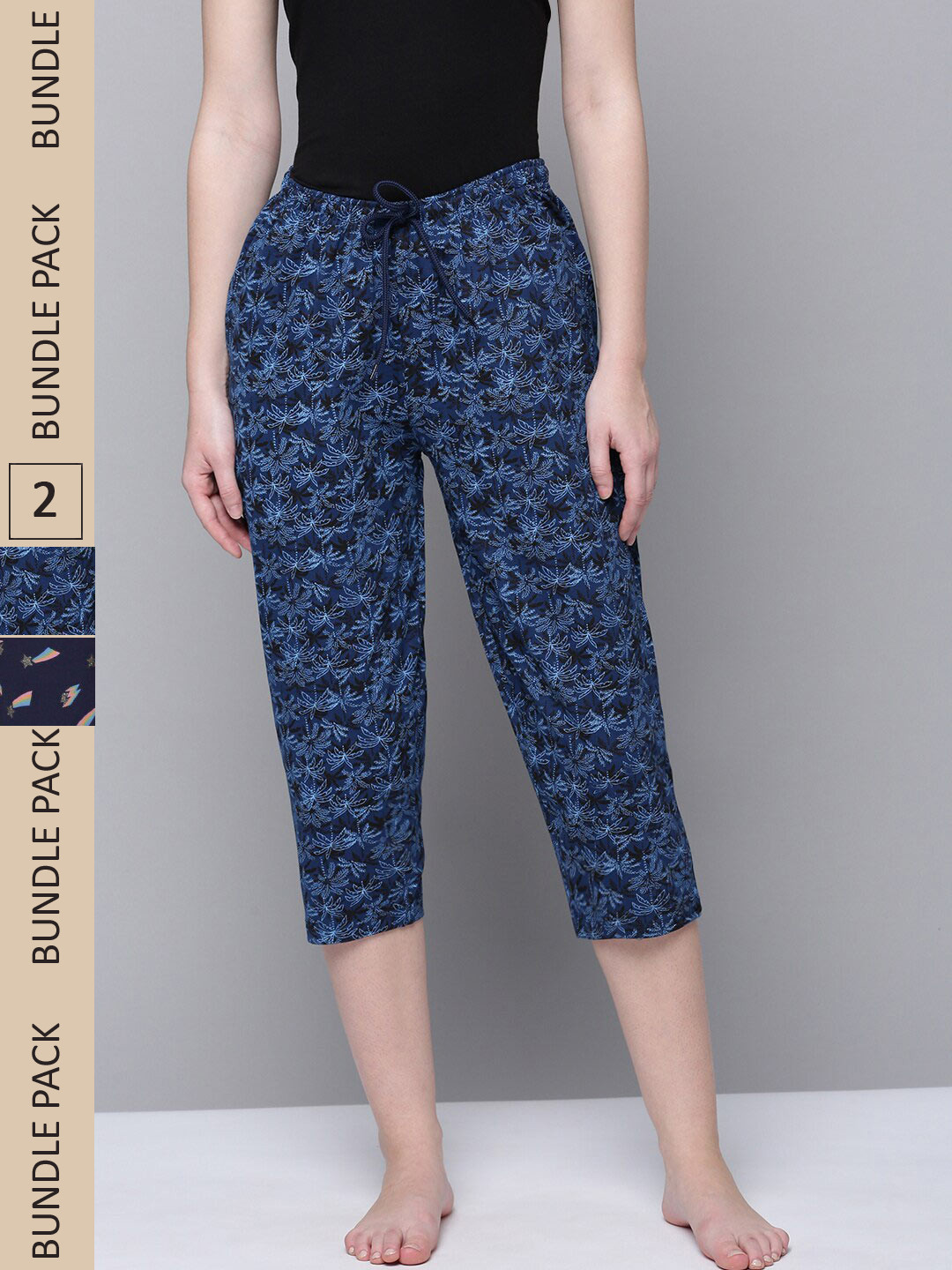 

Kryptic Women Pack Of 2 Printed Pure Cotton Relaxed Fit Capris, Navy blue