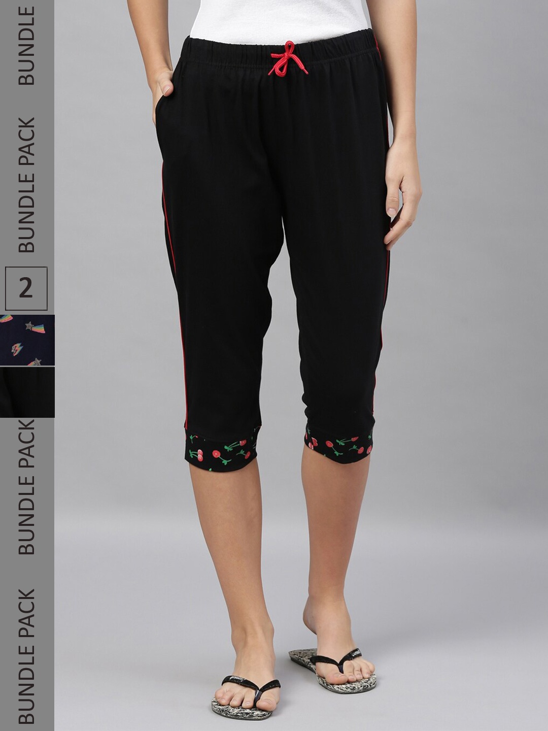 

Kryptic Women Pack Of 2 Printed Pure Cotton Relaxed Fit Capris, Black