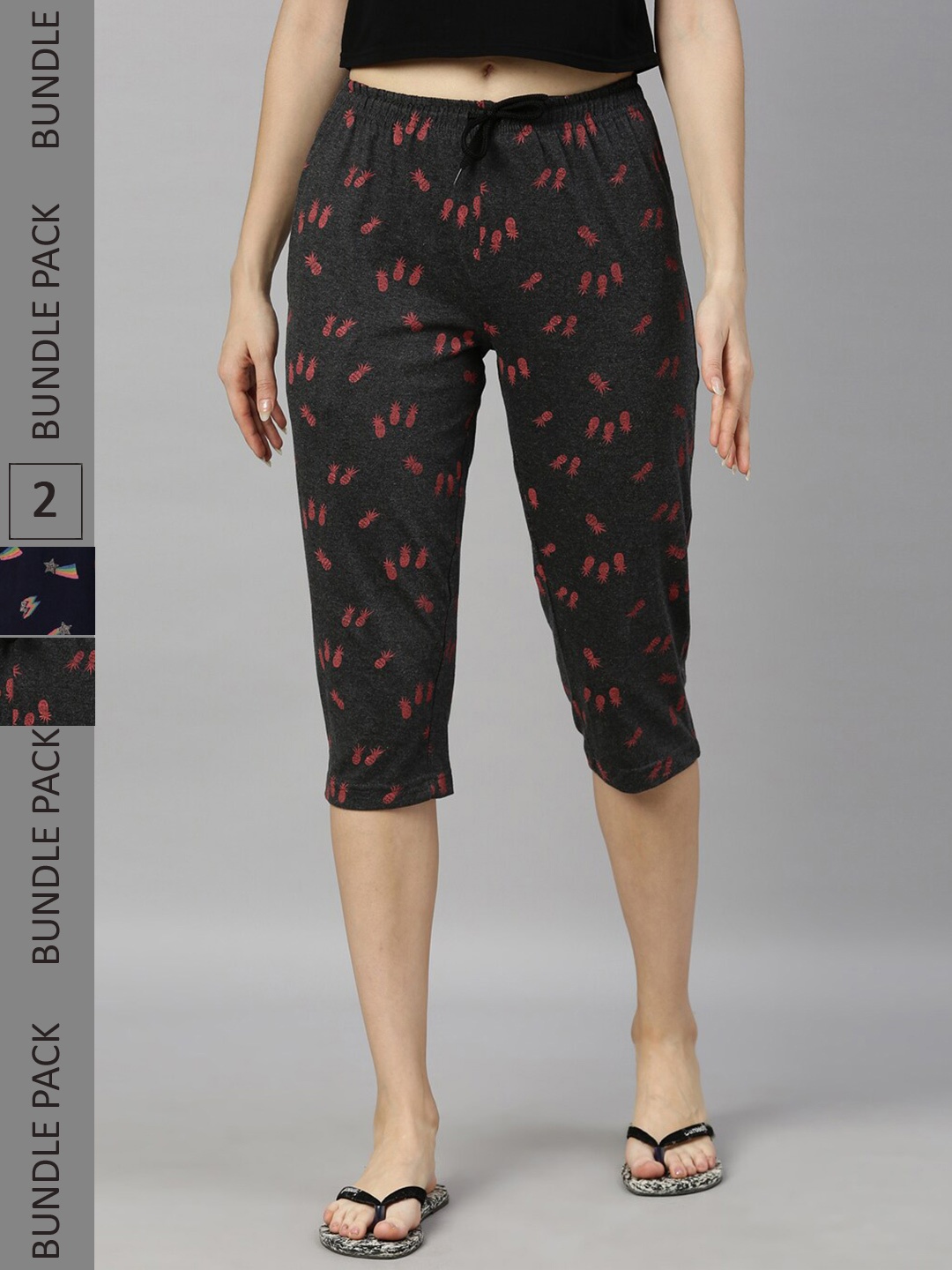 

Kryptic Women Pack Of 2 Printed Pure Cotton Relaxed Fit Capris, Grey melange