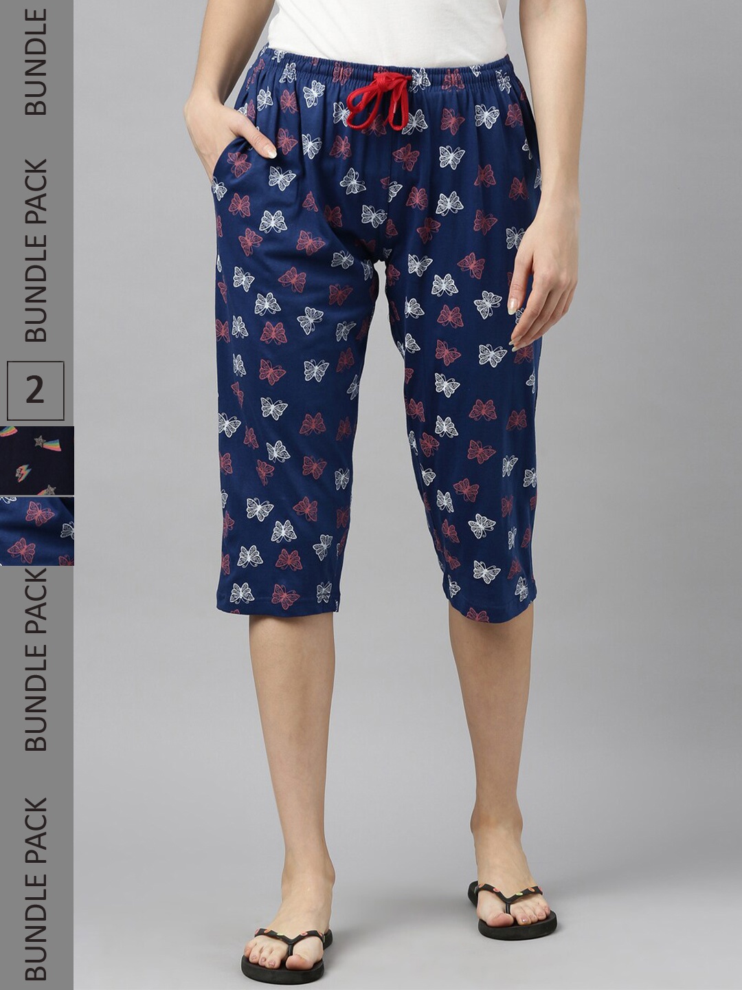 

Kryptic Women Pack Of 2 Printed Pure Cotton Relaxed Fit Capris, Navy blue