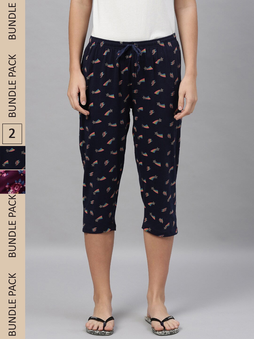 

Kryptic Women Pack Of 2 Printed Pure Cotton Relaxed Fit Capris, Maroon