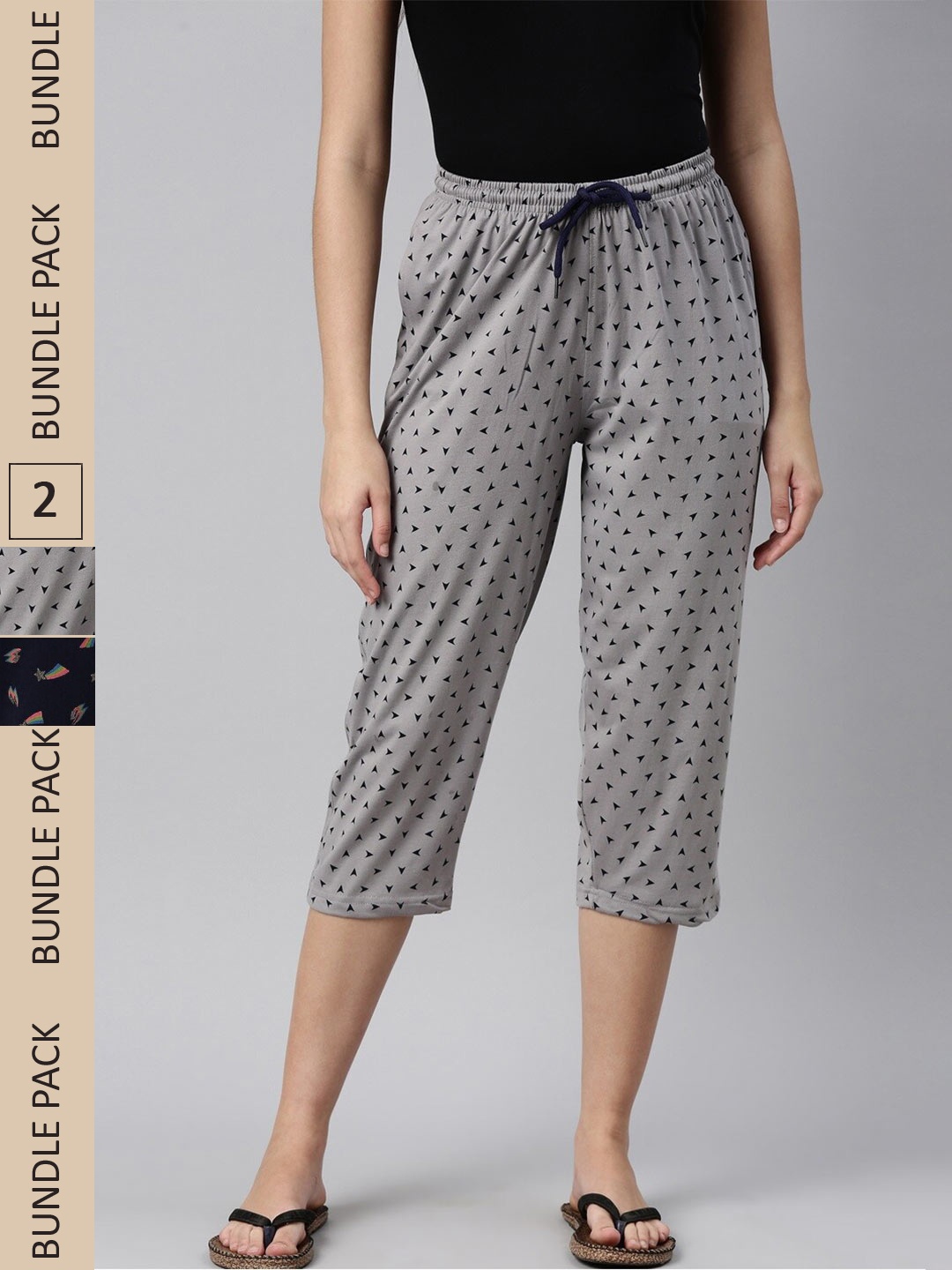 

Kryptic Women Pack Of 2 Printed Pure Cotton Relaxed Fit Capris, Grey