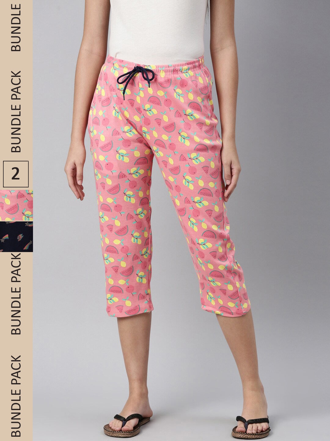 

Kryptic Women Pack Of 2 Printed Pure Cotton Relaxed Fit Capris, Coral