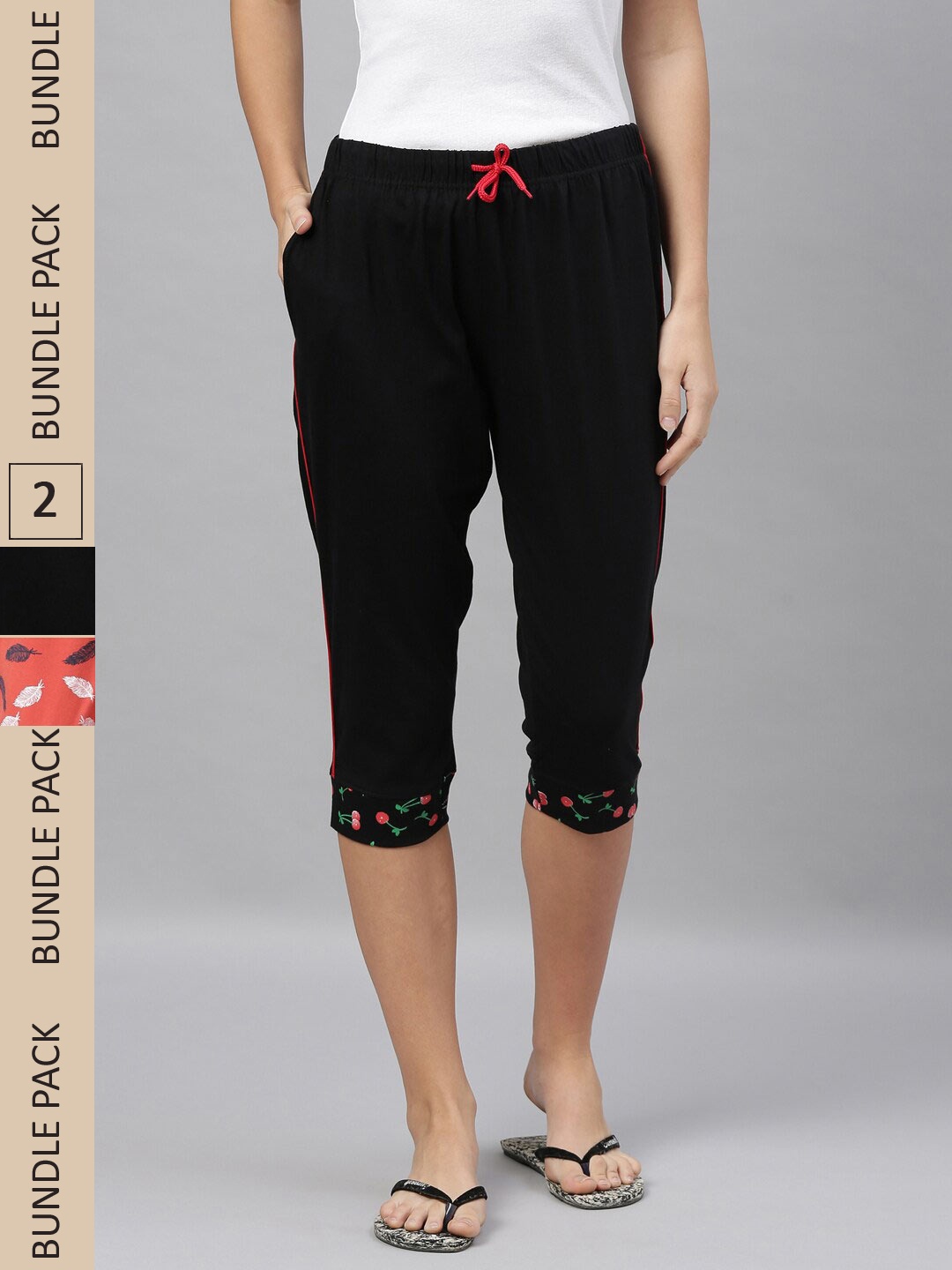 

Kryptic Women Pack Of 2 Printed Pure Cotton Relaxed Fit Capris, Black