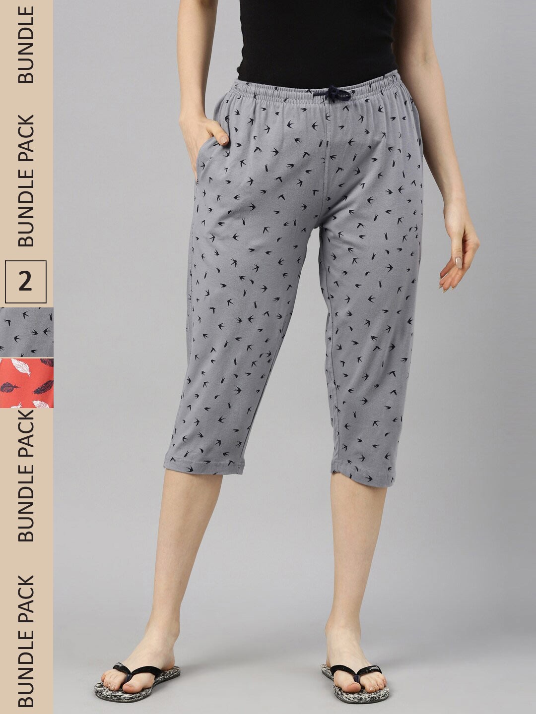 

Kryptic Women Pack Of 2 Printed Pure Cotton Capris, Grey