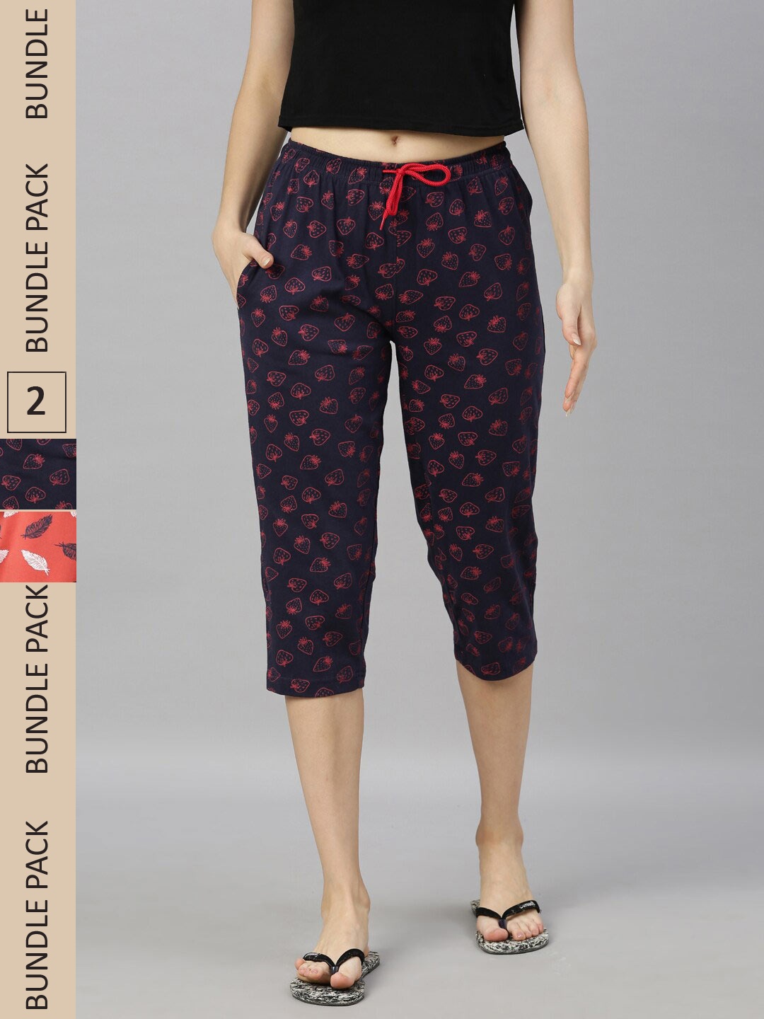 

Kryptic Women Pack Of 2 Printed Relaxed Fit Pure Cotton Capris, Navy blue