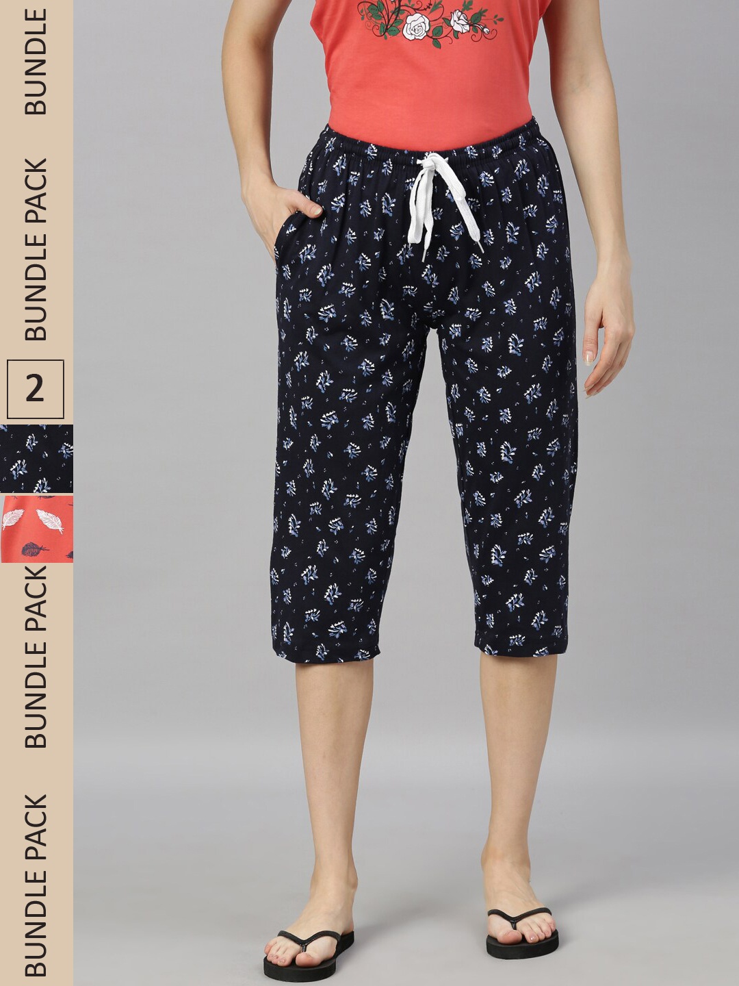 

Kryptic Women Pack Of 2 Pure Cotton Relaxed Fit Printed Capris, Navy blue