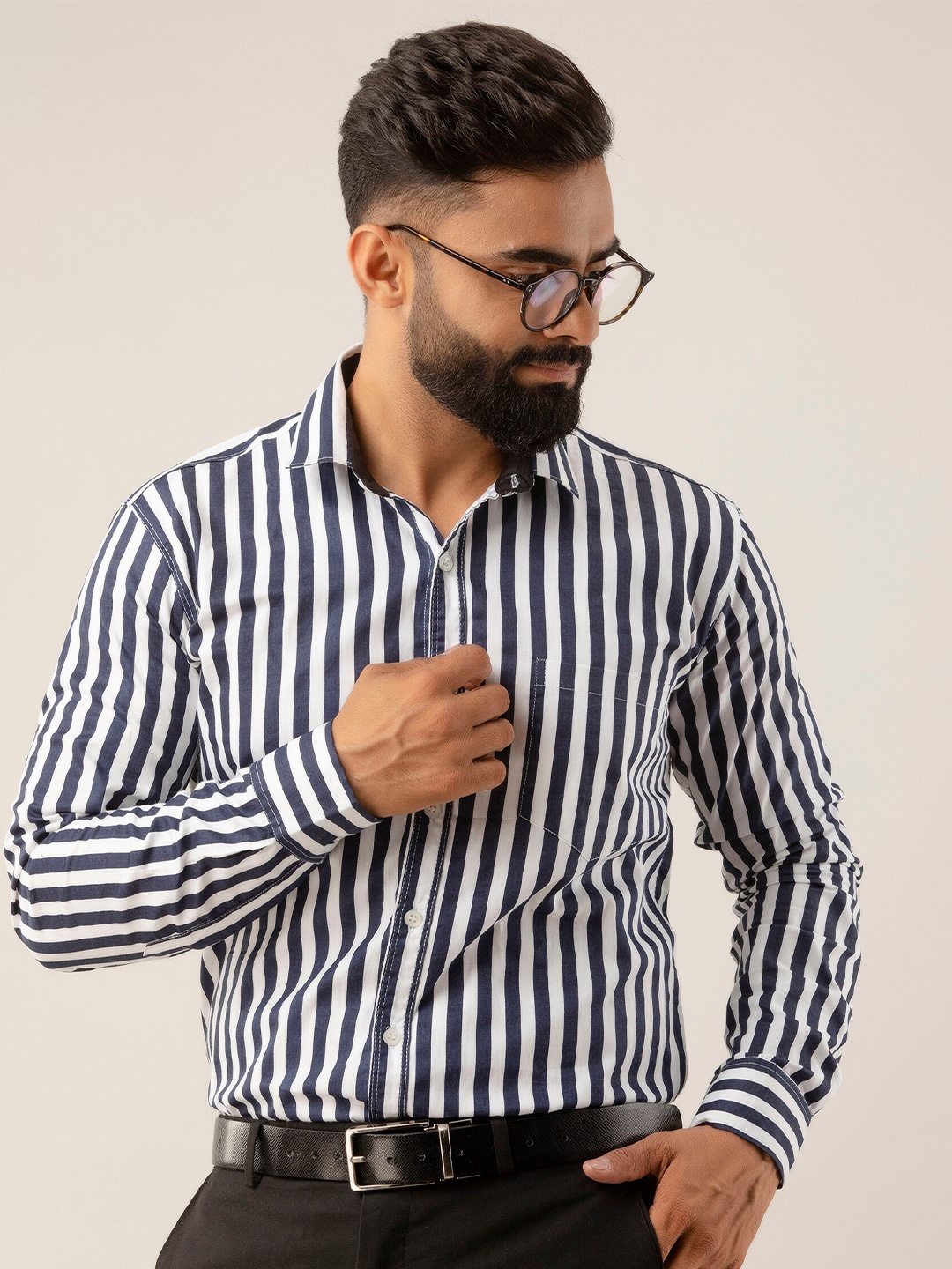 

SURHI Striped Smart Fit Spread Collar Opaque Formal Shirt, Blue