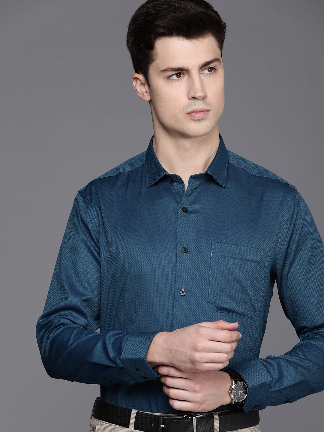 

Louis Philippe Self Design Textured Slim Fit Pure Cotton Formal Shirt, Blue