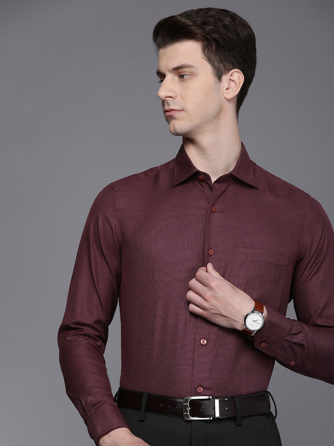 

Louis Philippe Textured Classic Fit Opaque Pure Cotton Formal Shirt, Maroon