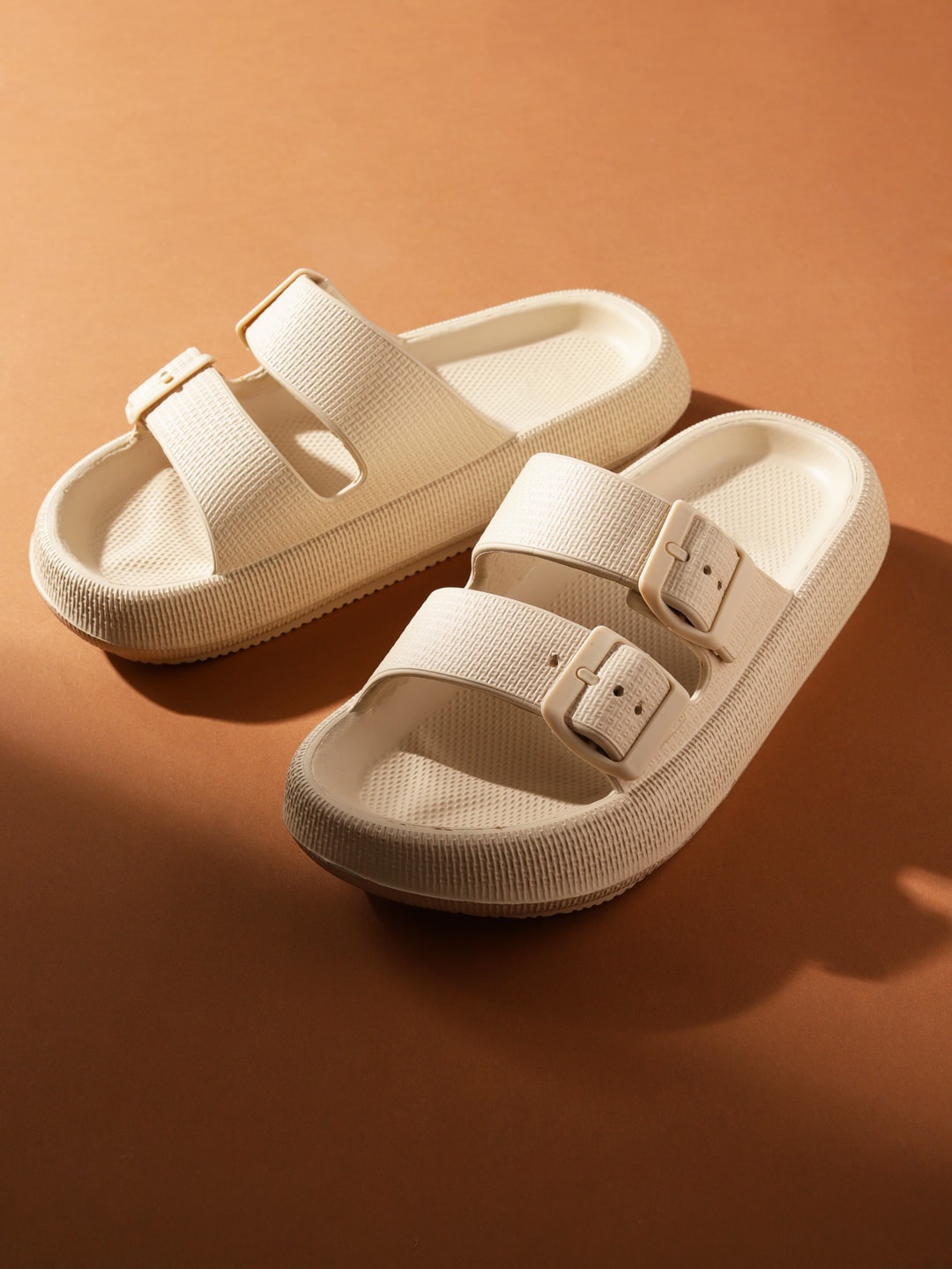 

Truffle Collection Women Two Strap Open Toe Flats With Buckles, Beige