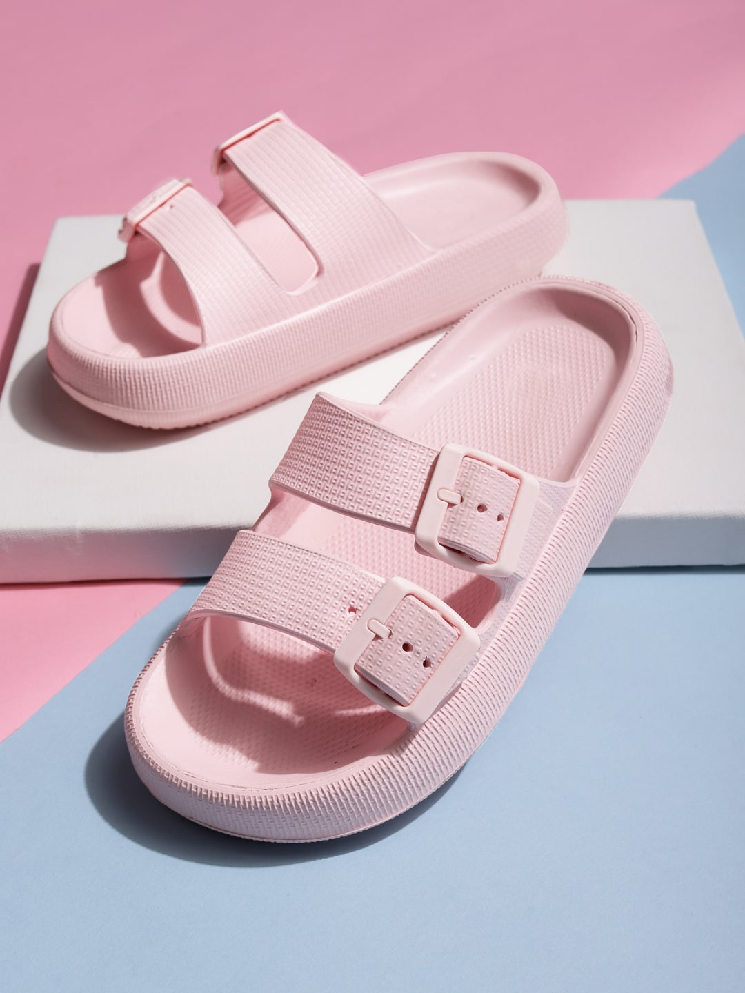 

Truffle Collection Women Two Straps Open Toe Flats With Buckles, Pink