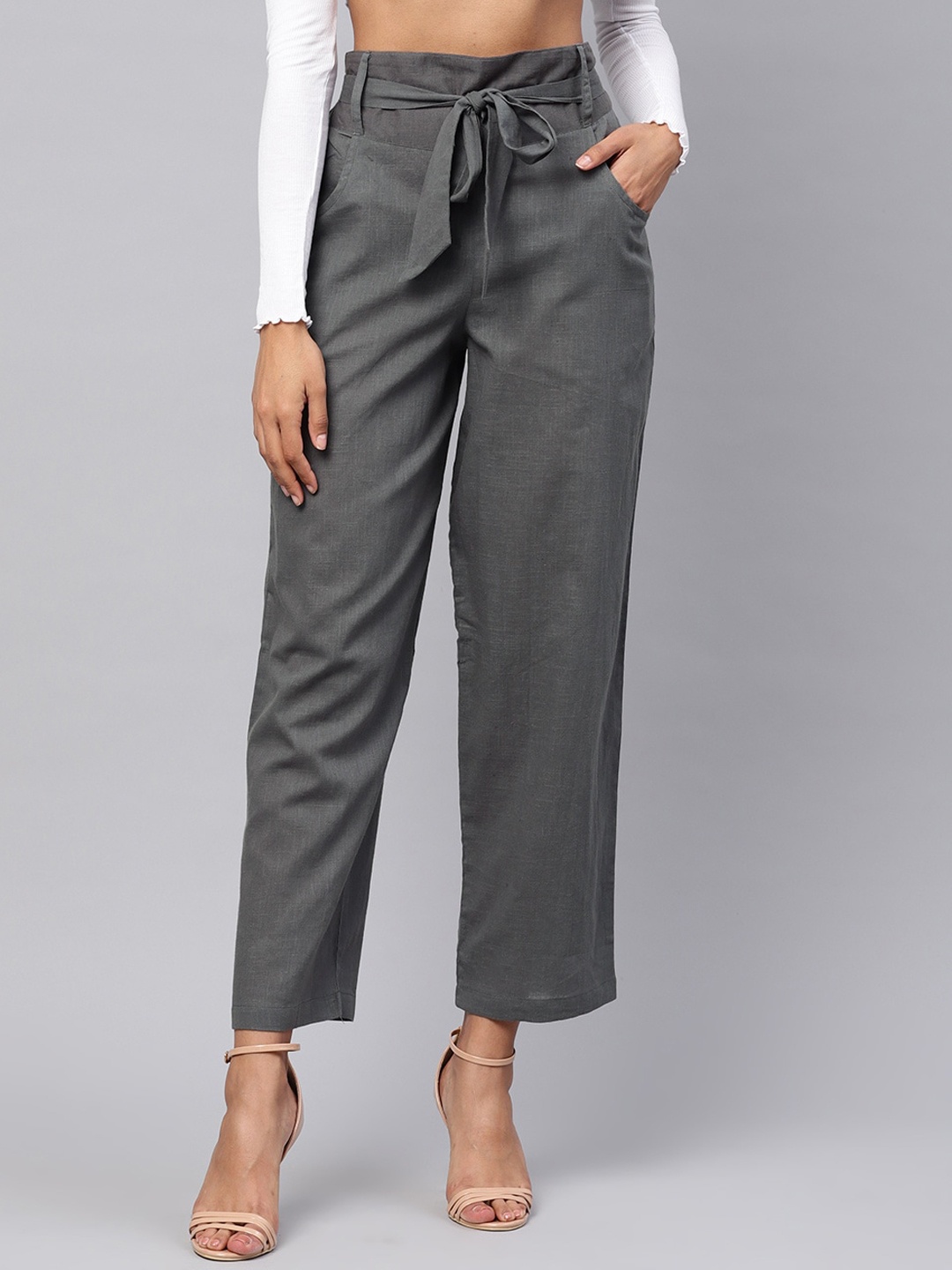 

Idalia Women High-Rise Cotton Trousers, Grey