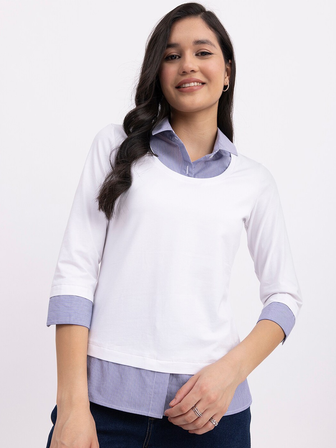 

FableStreet Shirt Collar Pure Cotton T-shirt, Blue