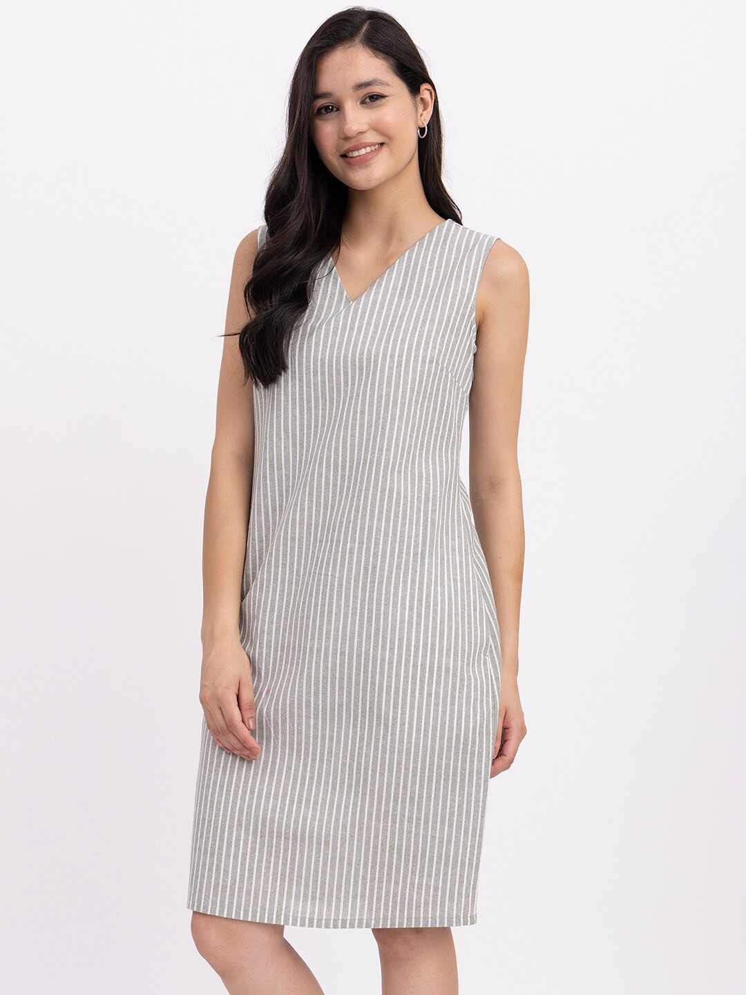 

FableStreet Striped V-Neck Linen Sheath Dress, Grey