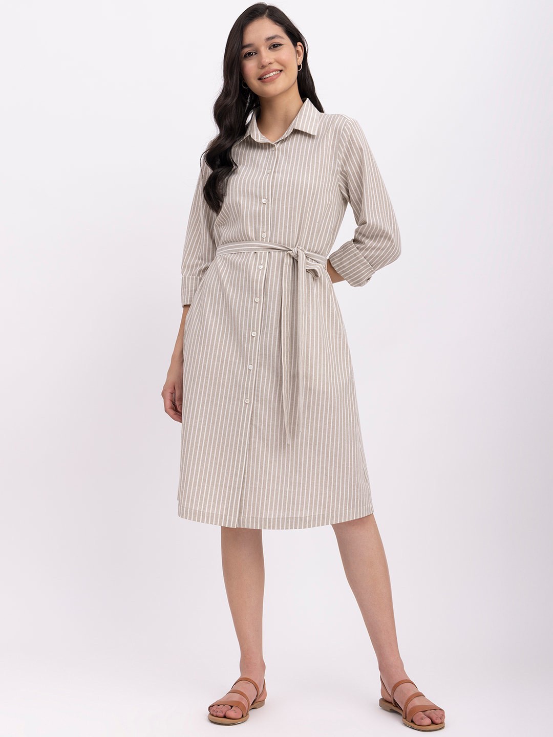 

FableStreet Striped Linen Shirt Dress With Belt, Beige