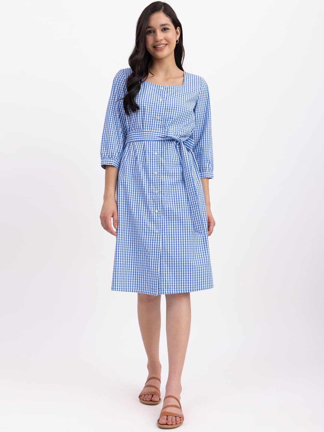 

FableStreet Checked Square Neck Cotton Shirt Dress With Belt, Blue