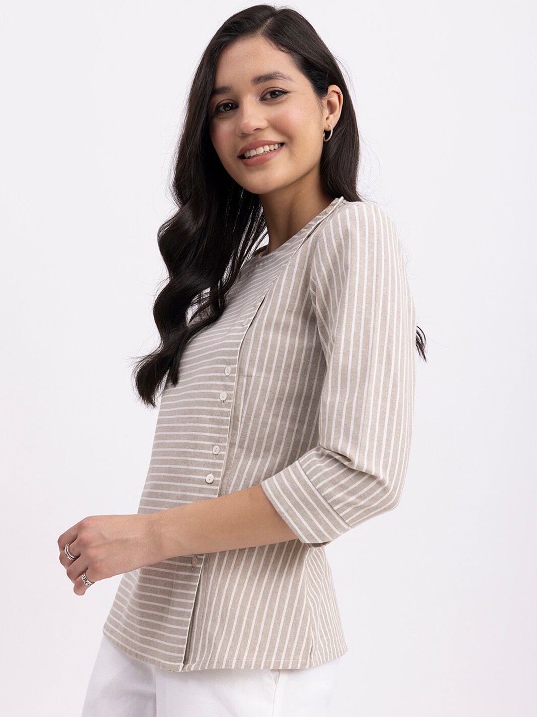 

FableStreet Striped Cotton Linen Top, Beige