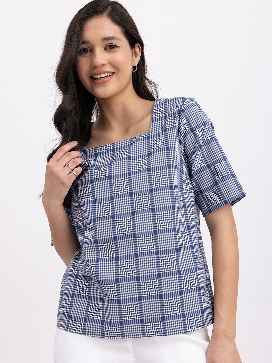 

FableStreet Checked Square Neck Cotton Top, Navy blue