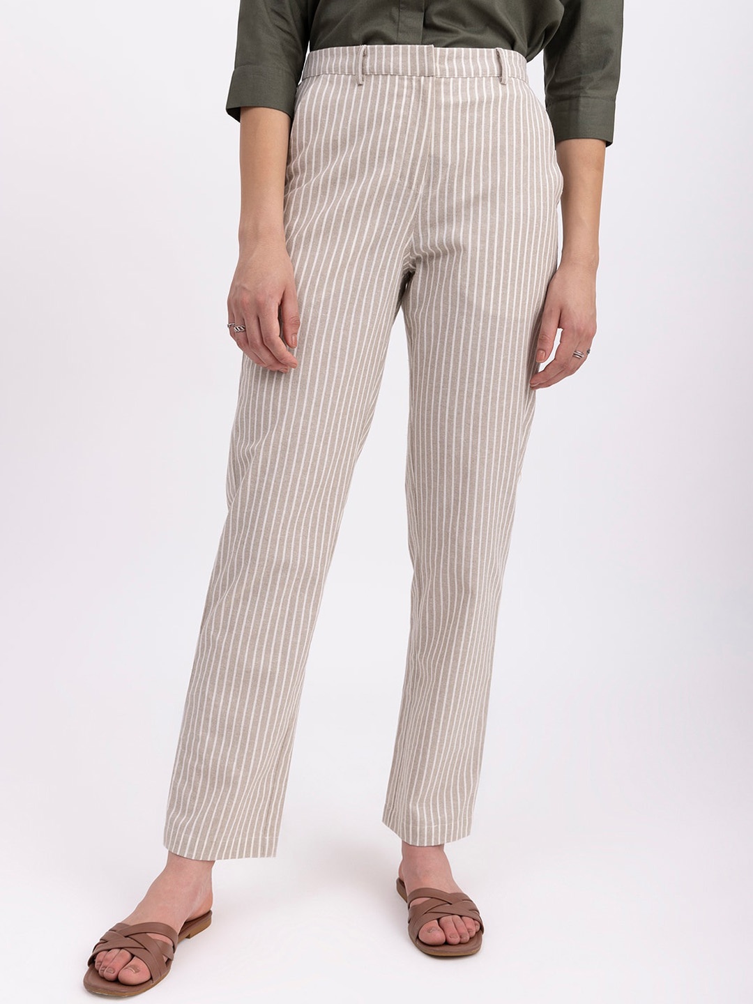 

FableStreet Women Striped Relaxed Straight Fit Cotton Linen Trousers, Beige