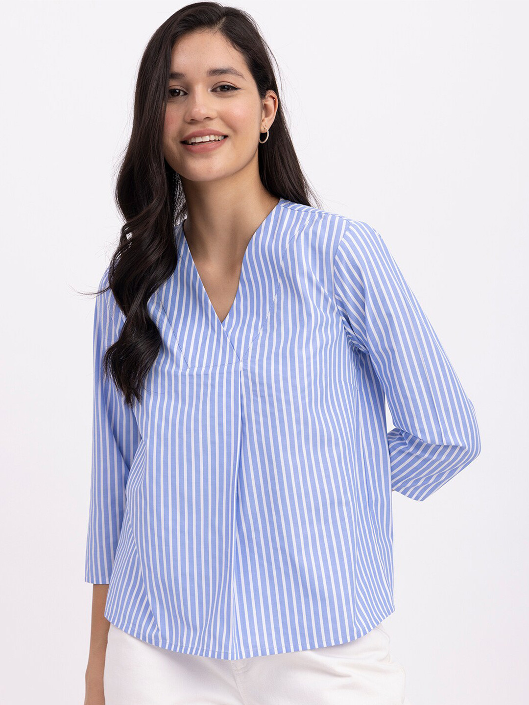 

FableStreet Striped V-Neck Cotton Top, Blue