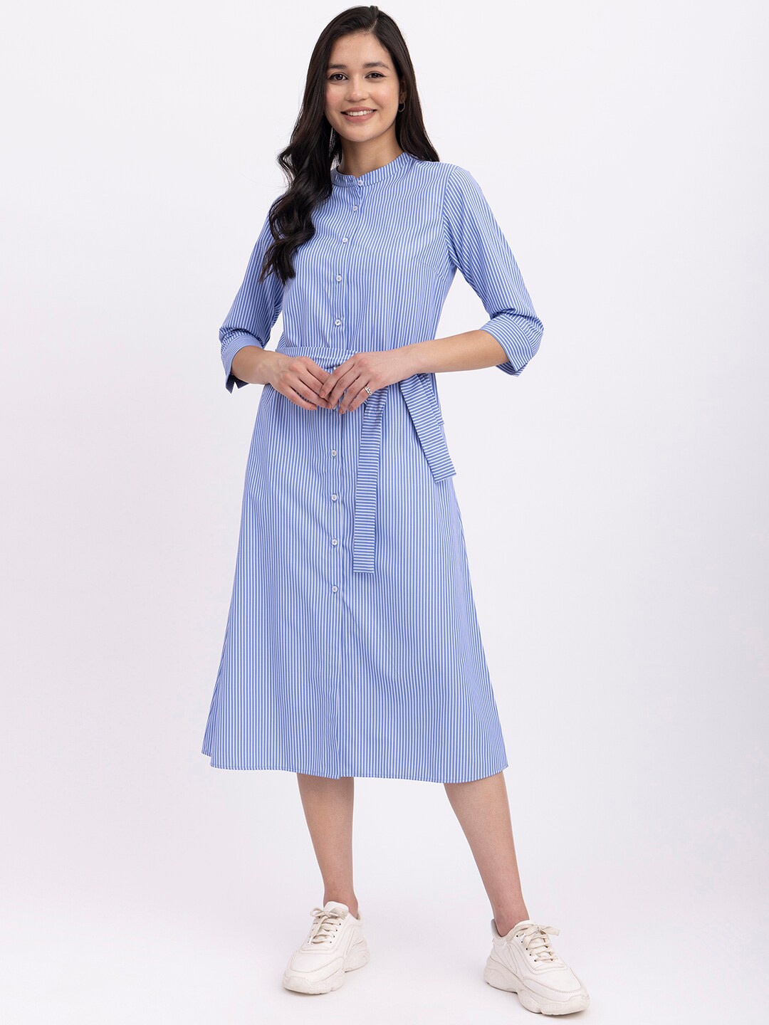 

FableStreet Striped Cotton Shirt Midi Dress With Belt, Blue