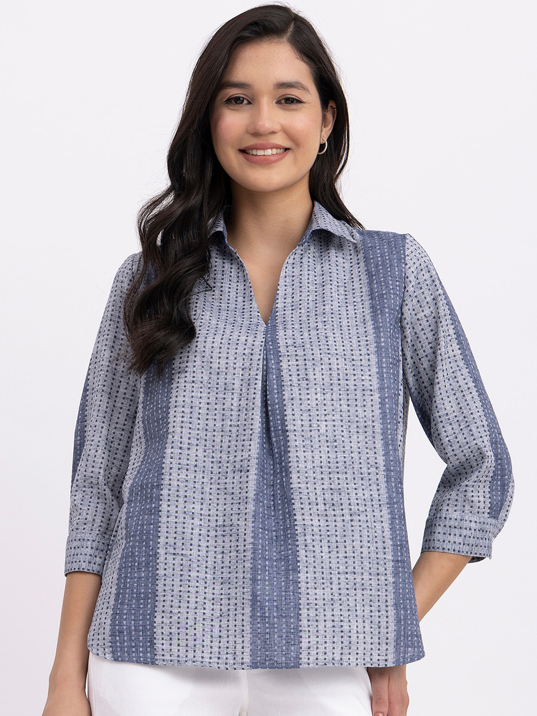 

FableStreet Self Design Shirt Colar A-Line Cotton Top, Blue